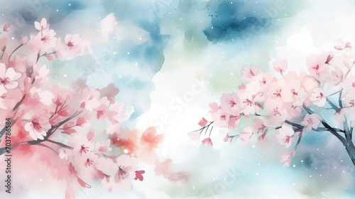 Spring background with the image of blue sky and cherry blossoms Watercolor illustration material photo