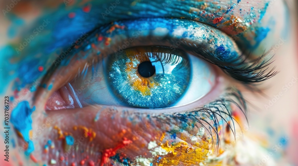Vivid blue eye with colorful paint splashes on skin - obrazy, fototapety, plakaty 