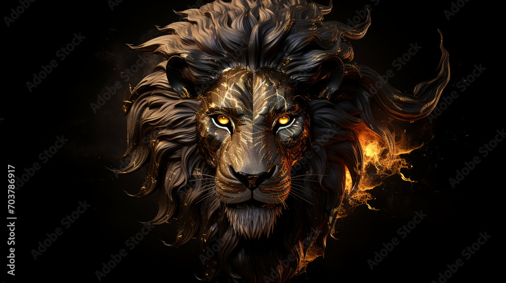 Burning Royalty: Pop Art Style Lion King Head in Gold on a Dark Canvas Burning Royalty: Pop Art Style Lion King Head in Gold on a Dark Canvas