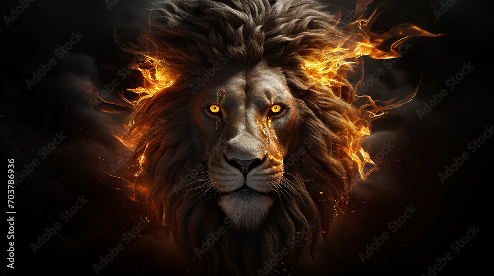 Regal Blaze: Lion King with Soft Mane in Golden Fire on Dark Background