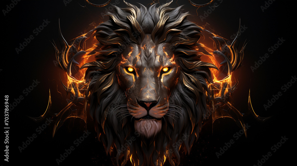 Fototapeta premium Majestic Inferno: Creative Golden Burning Lion King Head in Black Style