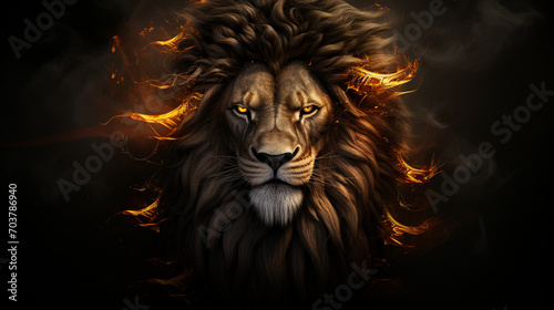 Regal Blaze  Lion King with Soft Mane in Golden Fire on Dark Background