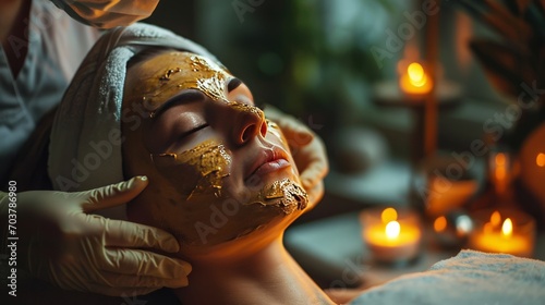 Young woman lies down and indulges in a spa facial. A yellow face mask that soothes her skin. Create a calm and refreshing atmosphere. This image encourages self-care, relaxation.