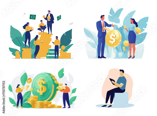 Investment illustration set. People characters investing money in self development  knowledge and education. Personal finance management and financial literacy concept. Vector illustration
