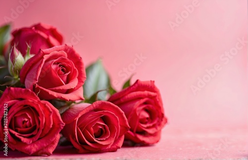 Red rose flowers bouquet on pink background Valentine s day greeting card