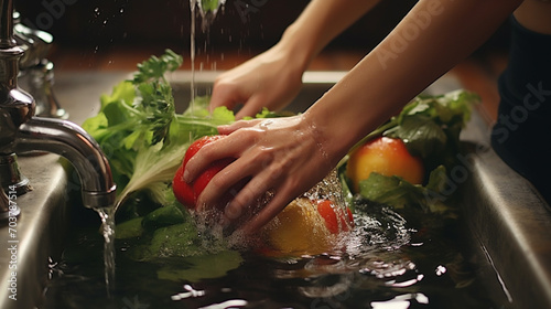 close-up of a woman washing vegetables and fruits in a sink.
