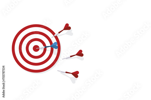 Red darts missed hitting target and only blue one hits the center. Business challenge failure and success concept.