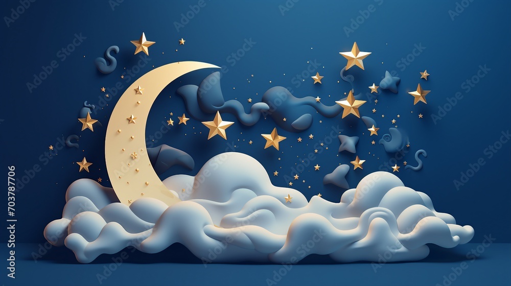 Explore the Mystical Cosmic Beauty of a 3D Style Night Sky with Crescent Moon, Golden Stars, and White Clouds in this Surreal Celestial Fantasy Background. Explore the Mystical Cosmic Beauty of a 3D Style Night Sky with Crescent Moon, Golden Stars, and White Clouds in this Surreal Celestial Fantasy Background.