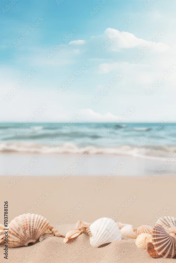 Seashells on the beach against the backdrop of the sea. vertical background with copy space. AI generative. Seashells on the beach against the backdrop of the sea. vertical background with copy space. AI generative.