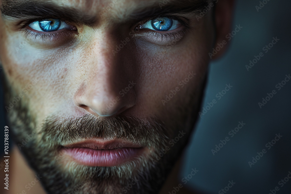 Fototapeta premium Primer Plano de Hombre con Ojos Azules Generative AI