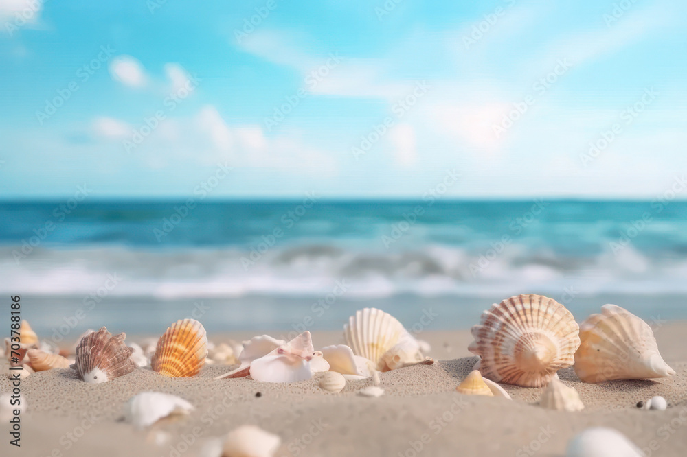 Seashells on the beach against the backdrop of the sea. Copy space background. AI generative. Seashells on the beach against the backdrop of the sea. Copy space background. AI generative.