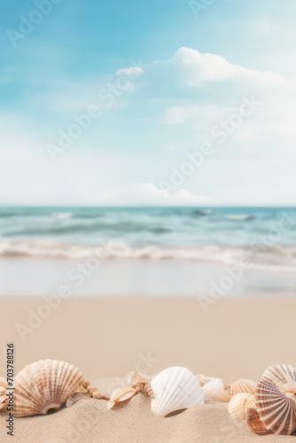 Seashells on the beach against the backdrop of the sea. vertical background with copy space. AI generative.