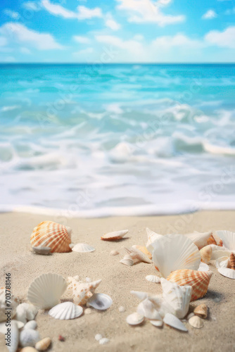 Seashells on the beach against the backdrop of the sea. vertical background. AI generative.