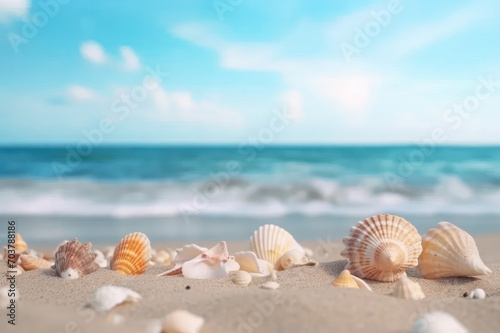 Seashells on the beach against the backdrop of the sea. Copy space background. AI generative.