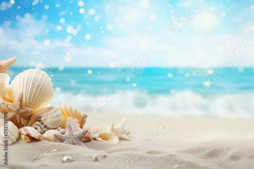 Seashells on the beach against the backdrop of the sea. Background with copy space on the right. AI generative. © Iaroslav