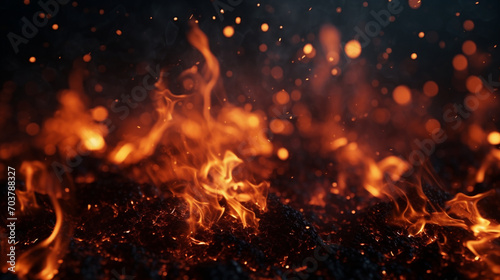 Embers Symphony: Dynamic Fire Particles Lights on a Dark Grill Background
