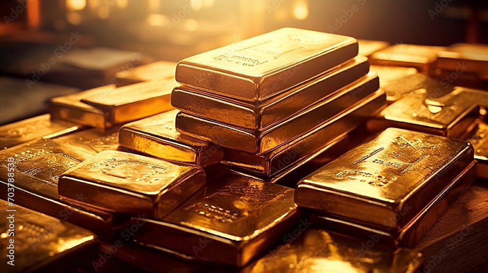 Gold ingots on the market. Gold glitters in the sun Gold ingots on the market. Gold glitters in the sun