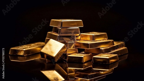 A pile of gold bars on a black background with copy space.