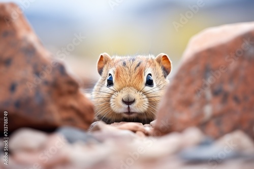 gerbil peeking from behind a large boulder photo