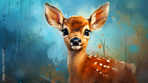 Young bambi deer, roe deer, beautiful, light brown with white spots, huge eyes, cartoon photo