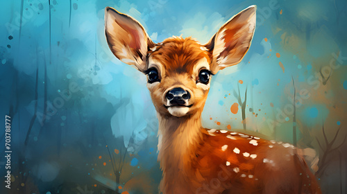 Young bambi deer, roe deer, beautiful, light brown with white spots, huge eyes, cartoon