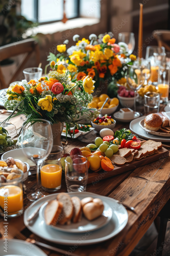 Easter brunch table with a focus on a festive centerpiece.
