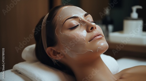 A young woman sleeps, indulging in a facial spa experience with a soothing facial mask. The calm and refreshing atmosphere promotes self-care and relaxation. Taking time for yourself and personal care