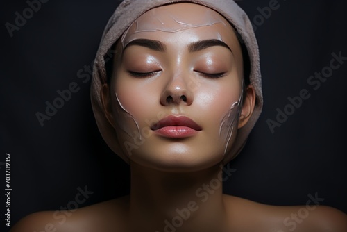 A young woman sleeps, indulging in a facial spa experience with a soothing facial mask. The calm and refreshing atmosphere promotes self-care and relaxation. Taking time for yourself and personal care