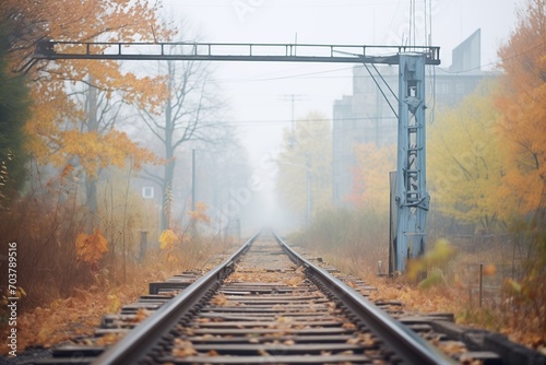 overgrown rails disappearing into dense fog