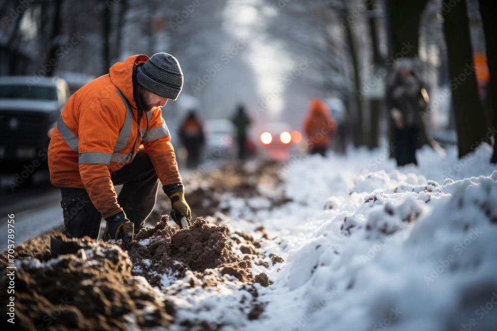 Fototapeta premium A diligent man braves the winter chill, tirelessly using his tools to clear the snow-covered streets, ensuring a smooth flow of traffic in the aftermath of a heavy snowfall.