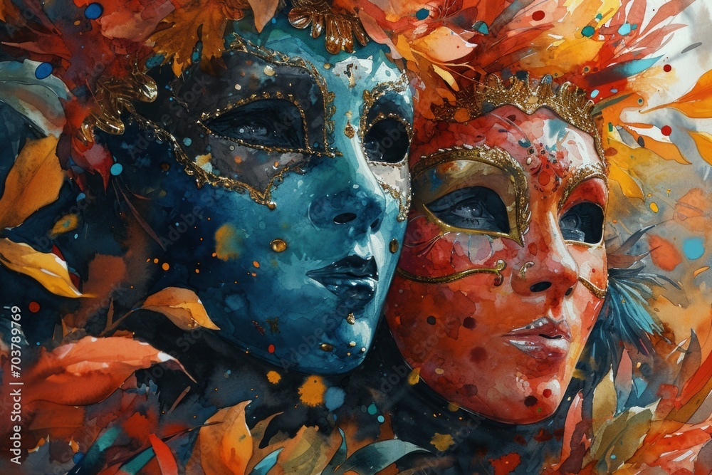 Festive background with elements of the holiday, masks, confetti, serpentine and bows framed around the edge of the picture, in the middle of the image there is an empty space for text Festive background with elements of the holiday, masks, confetti, serpentine and bows framed around the edge of the picture, in the middle of the image there is an empty space for text