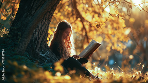Woman reading a book under a tree in the forest nature sunset, Wide angle view background wallpaper autumns outdoor activity introvert bookworm fairy tale photo