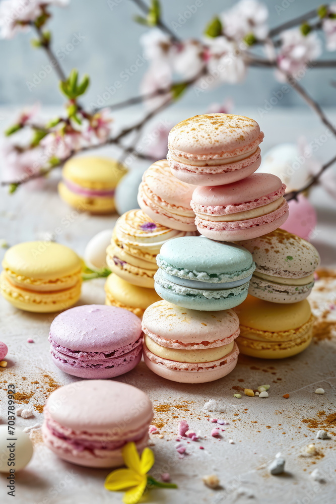 Easter-themed macarons arranged in a pastel palette.