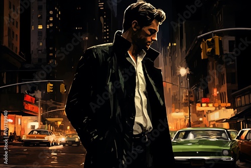 Portrait of a handsome man, in a city street, at night. Illustration poster in the style of 1960 © soleg