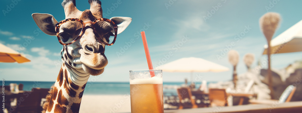 giraffe in glasses on the beach drinking a cocktail.Generative AI - obrazy, fototapety, plakaty 