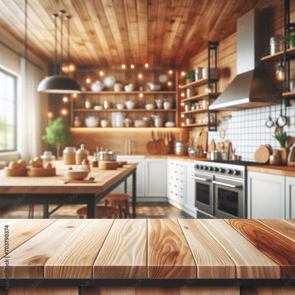 Product Presentation: Wood Table Counter in a Clean, Bright Kitchen Interior, Perfect for Banner Displays. Product Presentation: Wood Table Counter in a Clean, Bright Kitchen Interior, Perfect for Banner Displays.