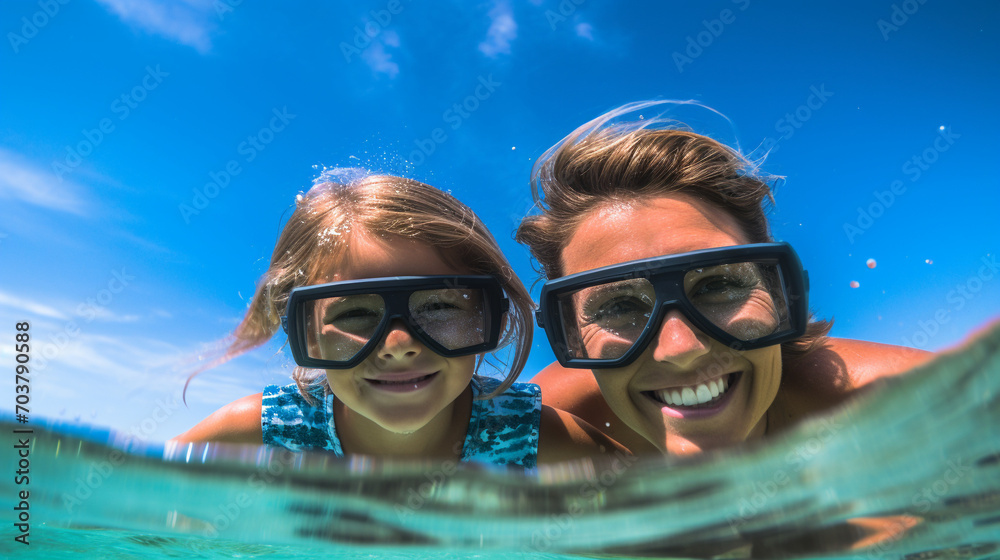 Naklejka premium Underwater Exploration: Mother and Son Discovering Small Fish While Snorkeling in Maldives