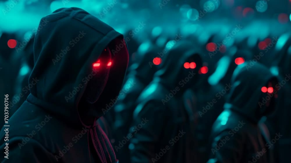 Cyberpunk hooded hacker clone army with glowing red eyes standing as a crowd Cyberpunk hooded hacker clone army with glowing red eyes standing as a crowd
