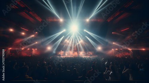 A crowded concert hall along with stage lights