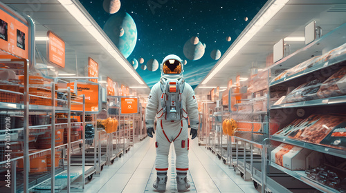 Astronaut stands in aisle of future supermarket, space station