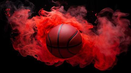 Scoring the winning points at a basketball game, Burning basketball on fire, A basketball surrounded by red smoke on a black background, Ai generated image 