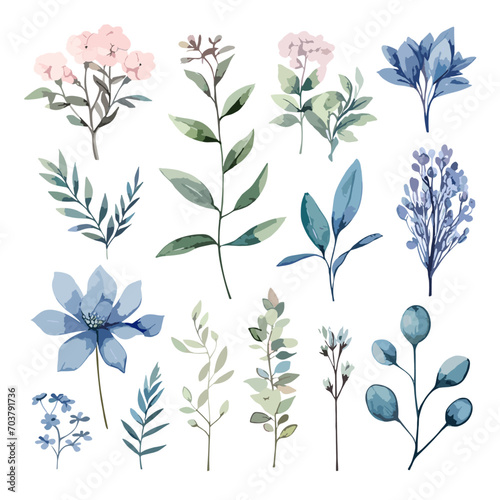 Watercolor pink flowers illustration set. DIY flower, green and blue leaves elements collection, isolated on white background, vector flowers and blossom