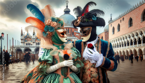Couple with Venice carnival dresses. Costumed Couple in St. Mark's Square © angellodeco