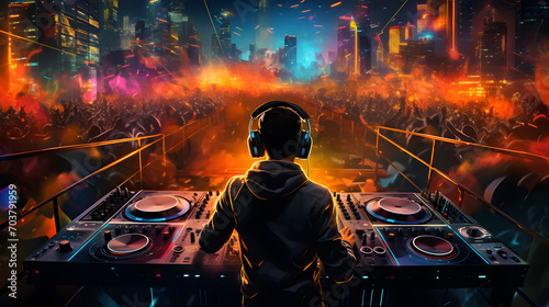 Illustration of a Dj playing live music in full crowd