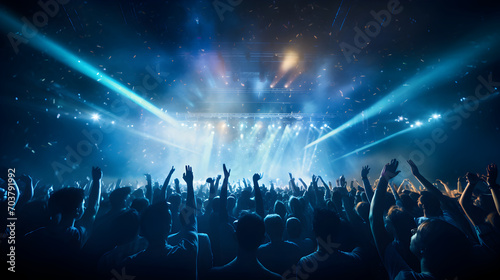 Live festival night club crowd cheering, stage lights and confetti falling, Cheering crowd and Blue lights.