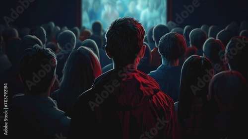 People crowd watching TV on dark background. TV addiction, propaganda and fake news concept. photo