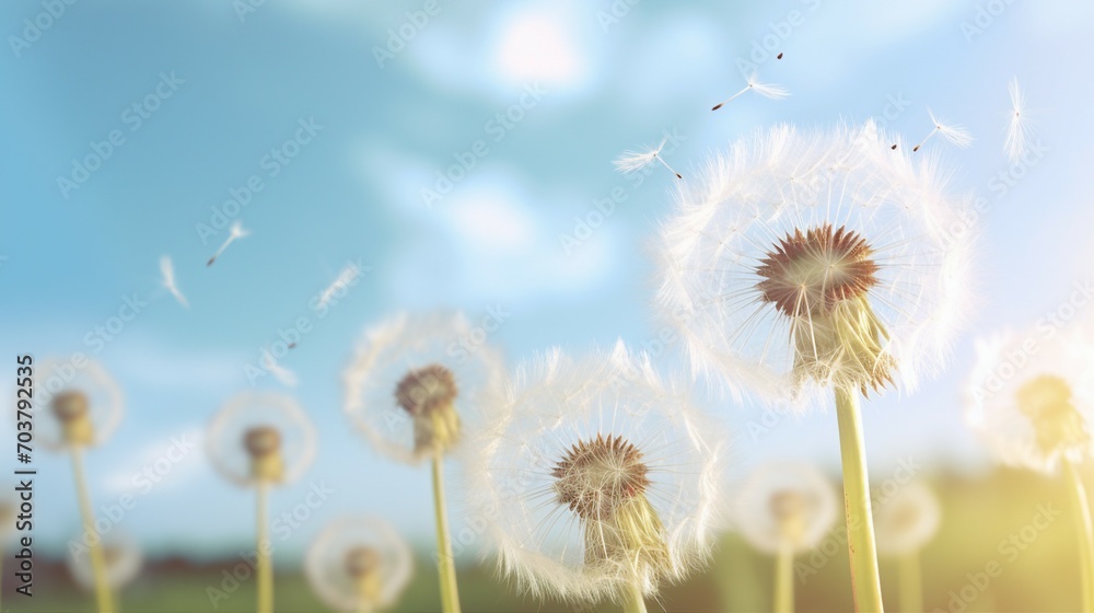 Close-Up Macro Shot of Delicate Dandelion Spores Blowing in the Wind - Nature's Fluffy Seed Dance in Summer Meadow