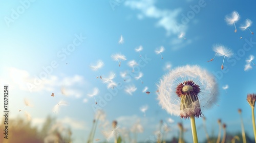Close-Up Macro Shot of Delicate Dandelion Spores Blowing in the Wind - Nature s Fluffy Seed Dance in Summer Meadow