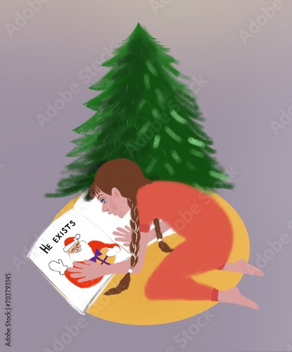 New Year illustration girl reading book about Santa Claus