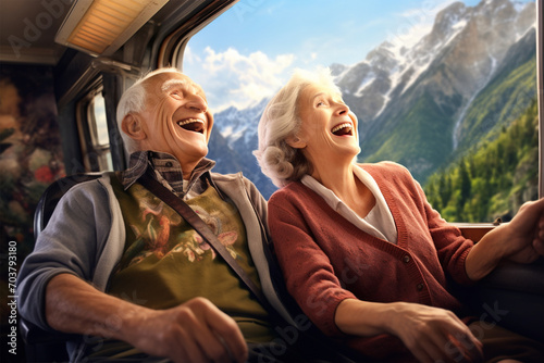 Illustration of an enthusiastic elderly married couple, man and women sitting in a train near the window and looking at a beautiful mountain landscape, trip, tourism, happy old age, selective focus